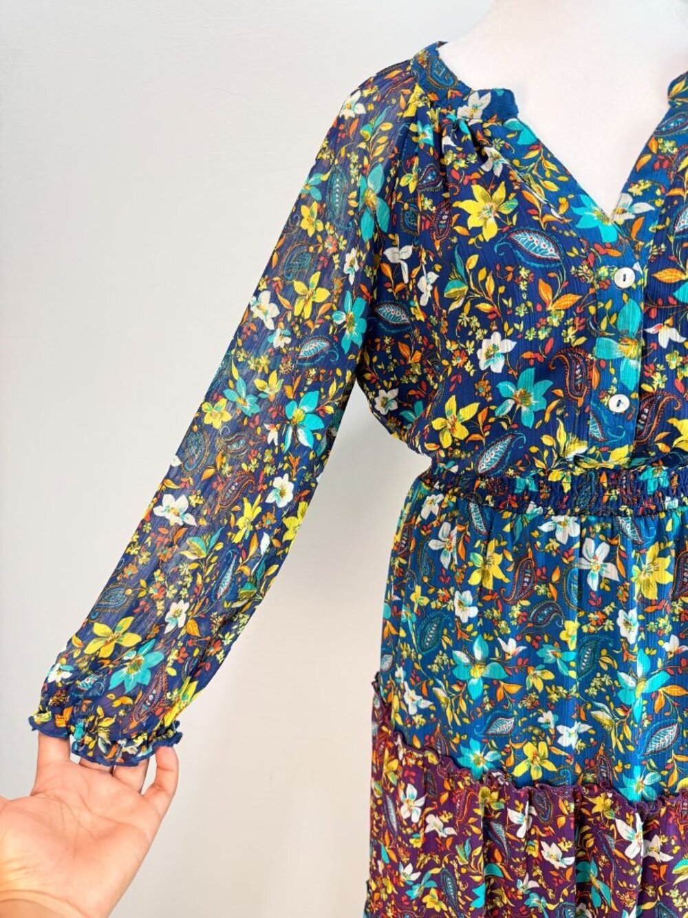 Fig And Flower Womens M Blue Floral Paisley Maxi Dress Boho Long Sleeve - Picture 6 of 16